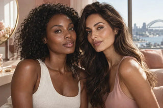 Two women with luminous natural makeup in a softly lit Sydney apartment