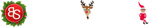 Christmas-themed logo with reindeer and elf on a white background