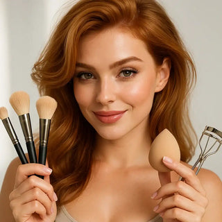 Woman holding makeup brushes and a sponge applicator against a neutral background