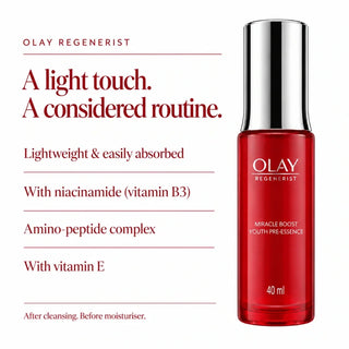 Olay Miracle Boost lightweight pre-essence with niacinamide, amino-peptide complex and vitamin E, for use before moisturiser