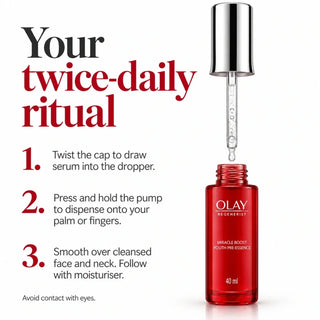 How to use Olay Miracle Boost: twist cap, press pump to dispense, then smooth over cleansed face and neck twice daily