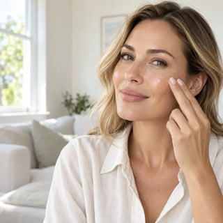 Illustrative skincare routine: woman gently smoothing clear serum onto her cheek in a bright home setting