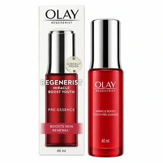 Olay Regenerist Miracle Boost Youth Pre-Essence 40ml bottle with its matching white and red retail carton