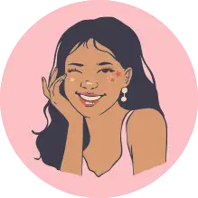 Pink sleeveless top with black hair and earrings.