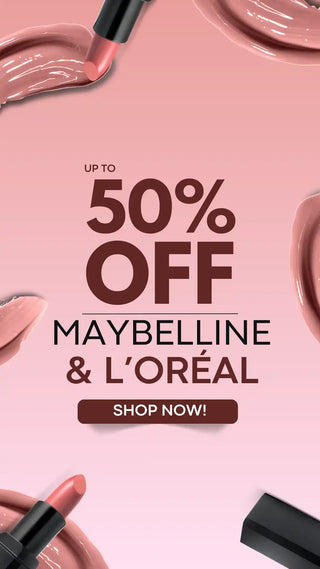 A promotional advertisement for a sale on Maybelline and L’Oréal cosmetics.
