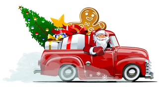 A red pickup truck with Santa driving, carrying a Christmas tree, gifts, and a gingerbread man.