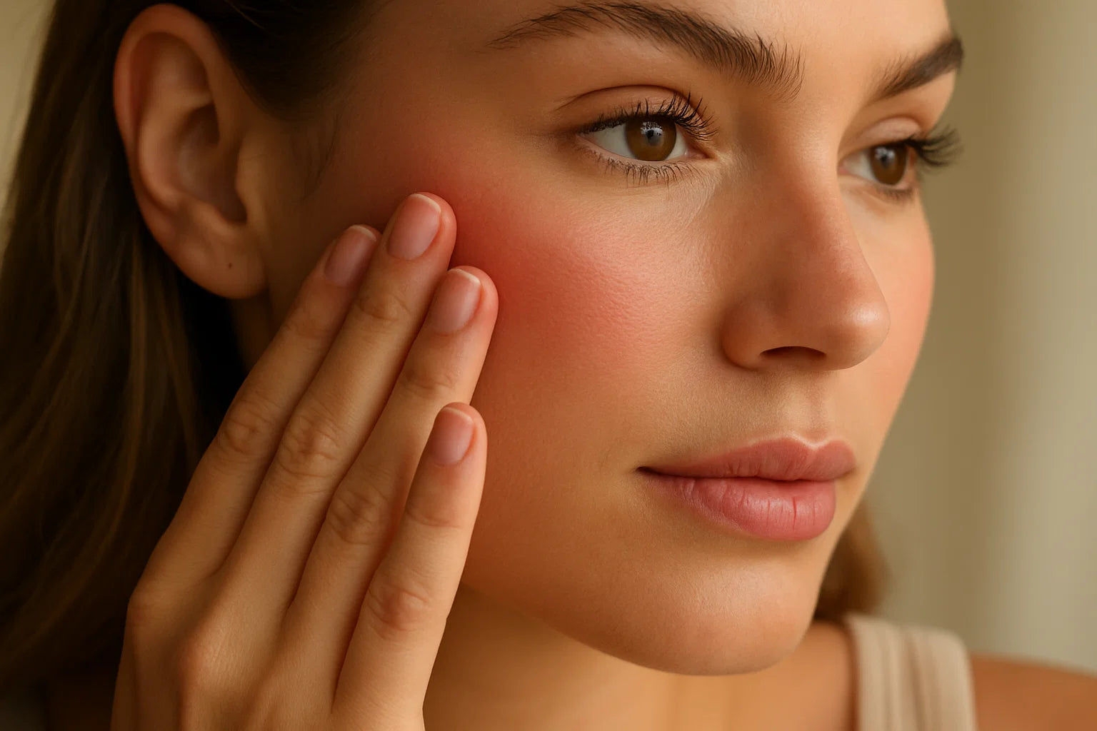 Close up of Australian woman blending soft rosy cream blush onto her cheek with fingertips in natural daylight
