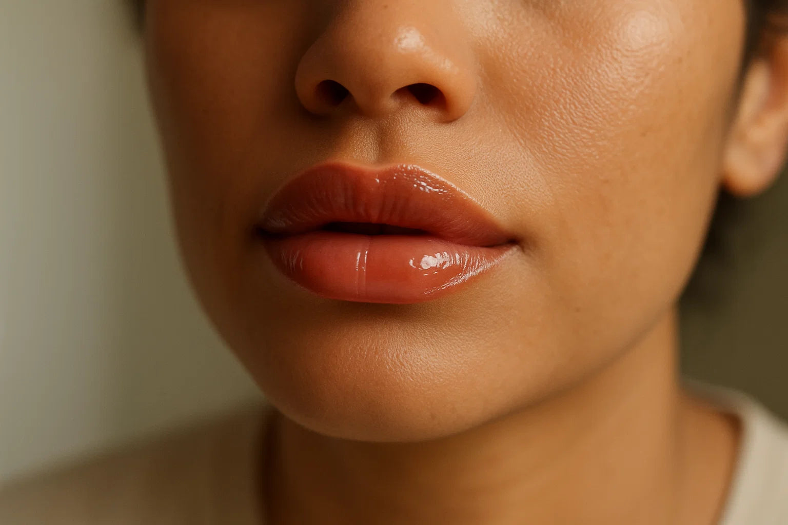 Close up of full lips wearing a warm terracotta glossy lip oil, soft focus skin and natural daylight