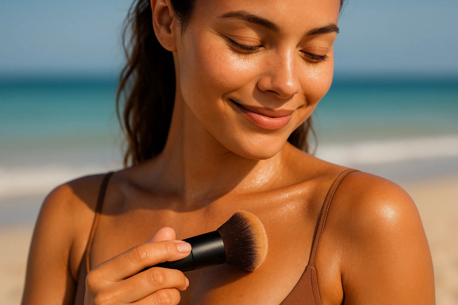 Australian woman applying body glow to shoulders and collarbones with a kabuki brush for a sunlit sheen