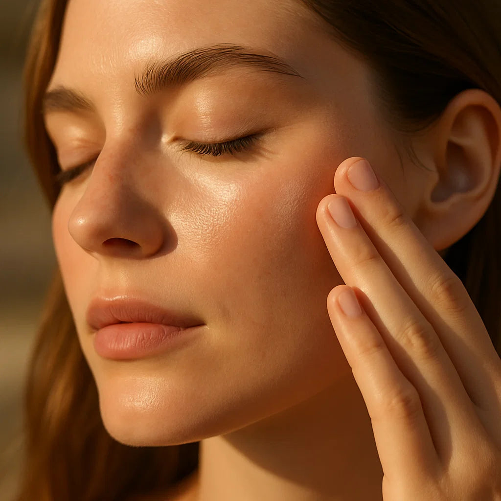 Close up of Australian woman applying glow tint to the high point of her cheekbone with fingertips in late arvo light