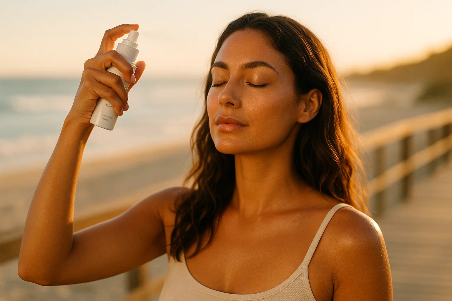 Australian woman applying SPF face mist at golden hour near the beach with luminous skin and relaxed waves