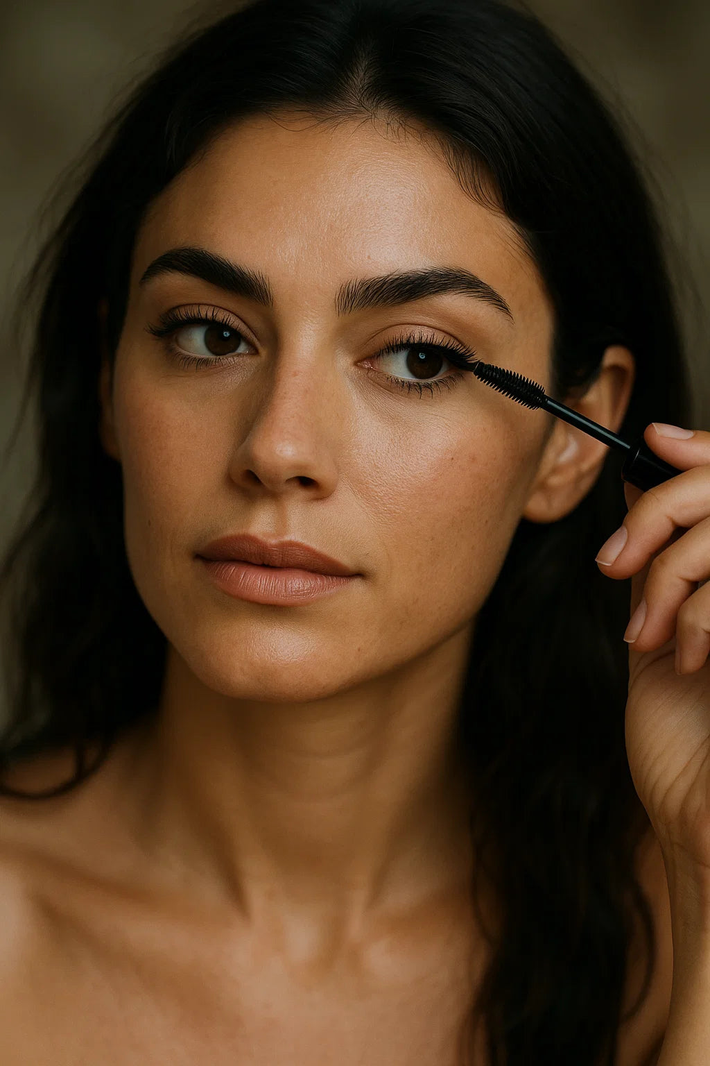 Australian woman applying mascara to the outer third of her lashes for a lifted cat eye look, natural brows in sunlit scene
