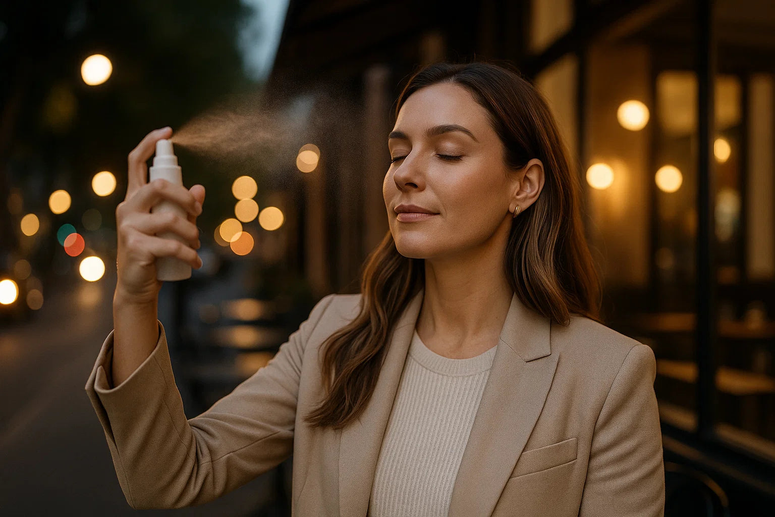 Twilight portrait of Australian woman using makeup setting spray outdoors with creamy bokeh streetlights